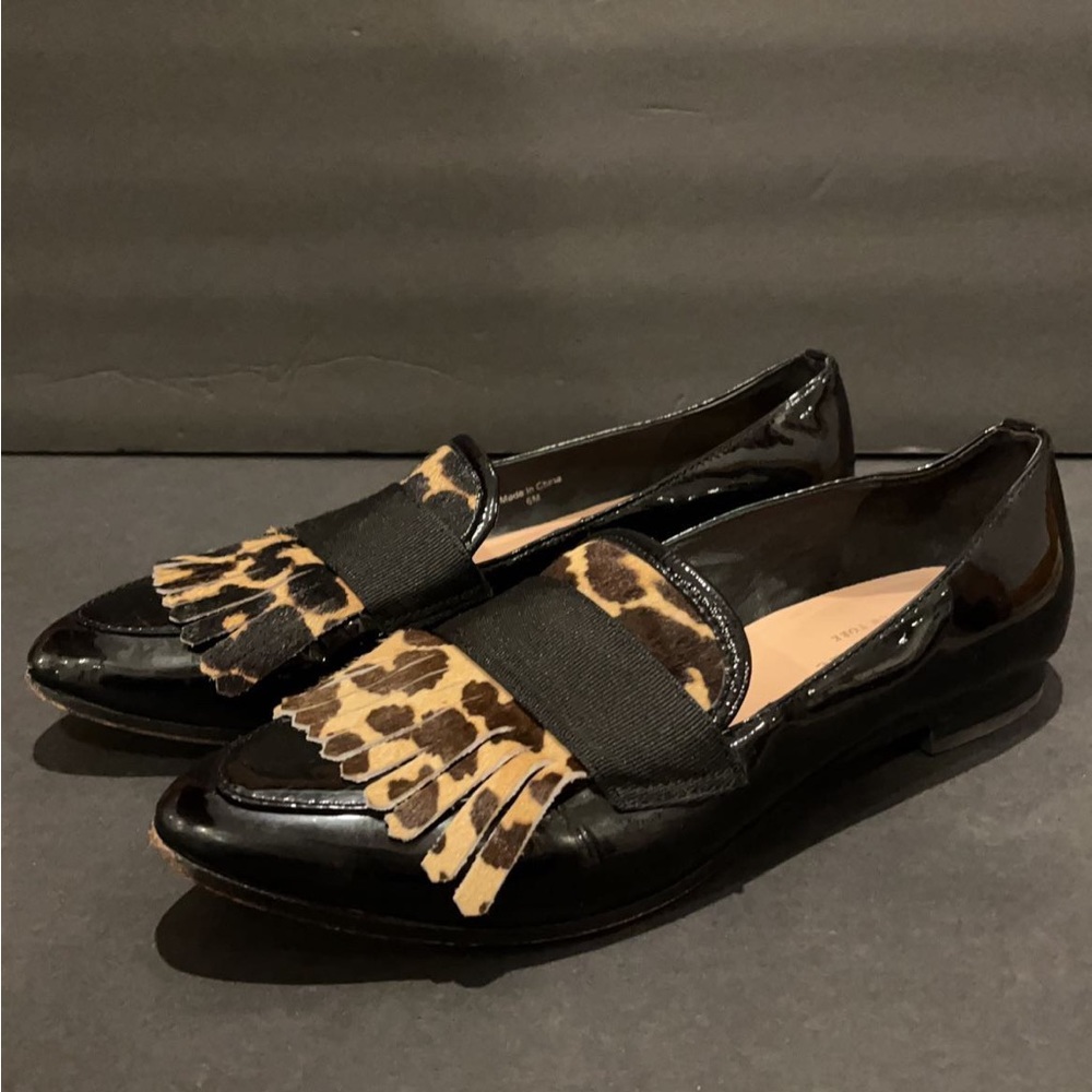 Kate Spade Cayle Leapord Print Fringe Patent Leather Flats Sz 6